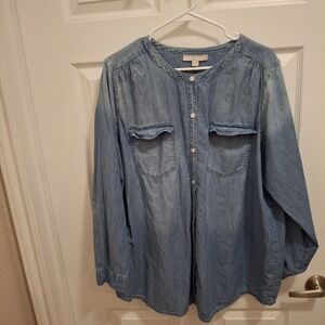 Woman Within Blue Chambray Button‎ Down Tunic Shirt Plus Size 1X 22/24 Cotton